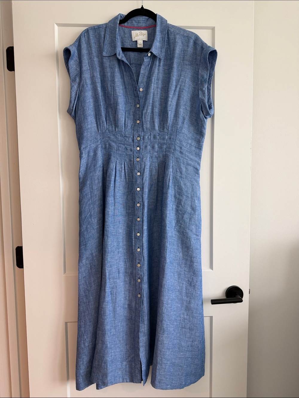 Chambray Button-Front Shirt Dress in Light Blue - Linen Material
